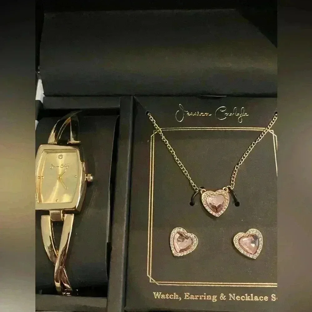 Jessica Carlyle Watch, Necklace And Earring Purple Stone Set NIB